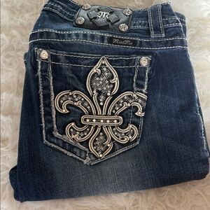 Miss Me Dark Blue Boot Cut Jeans with Silver Fleur-de-Lis Embroidery